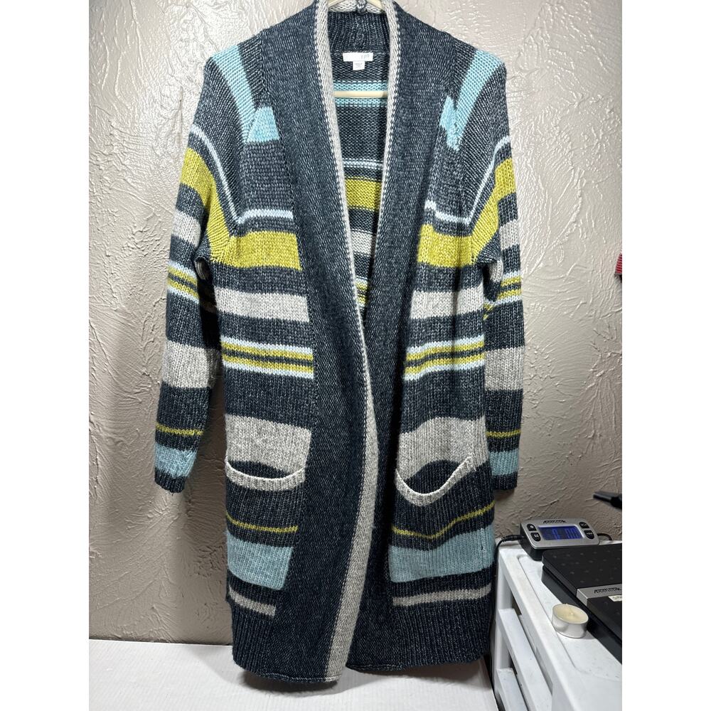 J Jill Duster Cardigan Stripe‎ Wool Blend Soft Pockets Open Womens Petite Medium